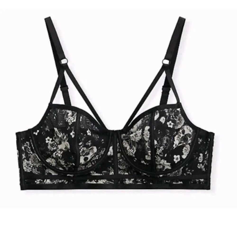 Torrid Curve Longline Bra Woman Plus 3X Black Skulls Floral Strappy Underwire